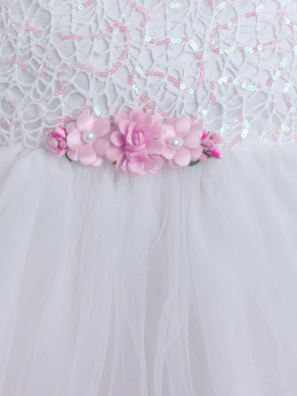 The Magic Wand Lace Sequin Bodice One Strap Contrast Ruffle Party Dress - White