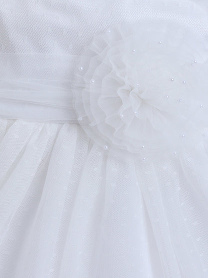 Sleeveless Floral Applique Detailed & Pearls Embellished Dress - White