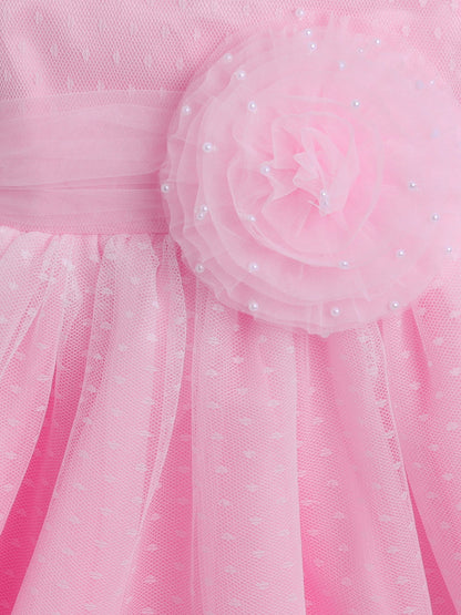 Sleeveless Floral Applique Detailed & Pearls Embellished Dress - Pink