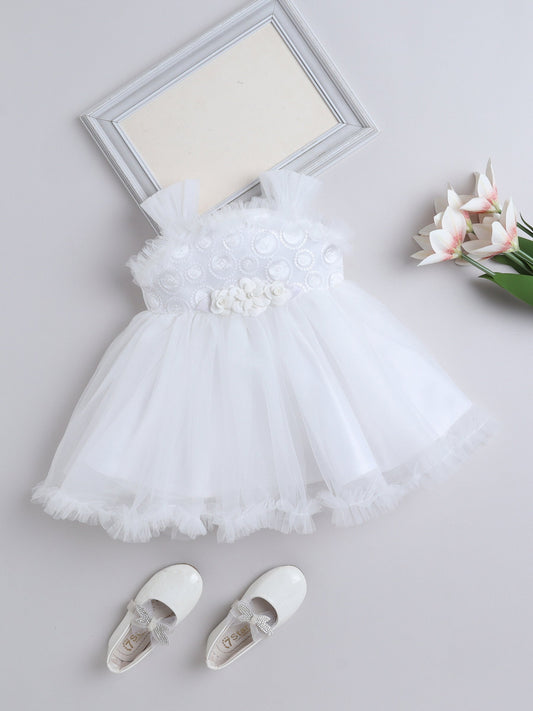 Sleeveless Sequins Embellished Floral Embroidered & Applique Detailed Dress - White