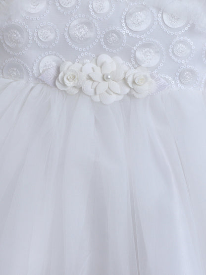 Sleeveless Sequins Embellished Floral Embroidered & Applique Detailed Dress - White