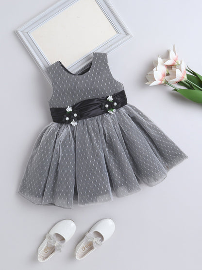 Sleeveless Swiss Dot & Floral Applique Detailed Dress - Black