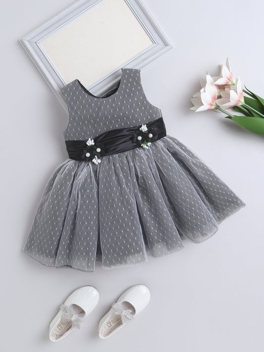 Sleeveless Swiss Dot & Floral Applique Detailed Dress - Black