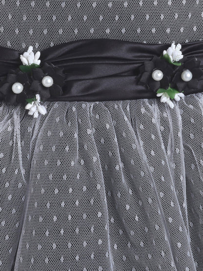 Sleeveless Swiss Dot & Floral Applique Detailed Dress - Black
