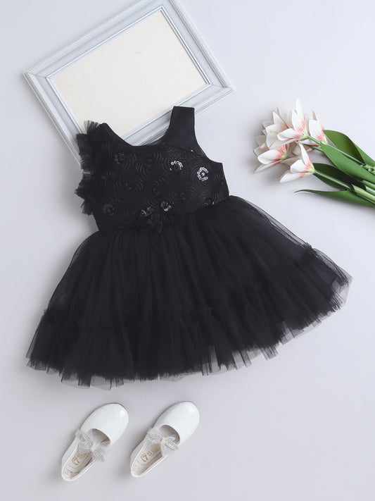 The Magic Wand Sleeveless Sequins Flower Tiered Party Dress - Black