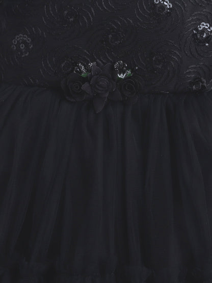 The Magic Wand Sleeveless Sequins Flower Tiered Party Dress - Black