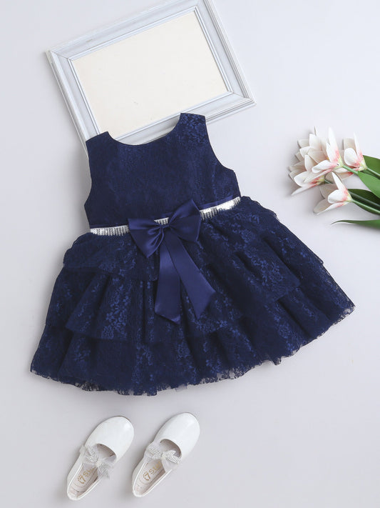 Sleeveless Bow Applique Mesh Detailed Sequin Embellished Dress - Navy Blue