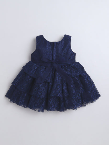 Sleeveless Bow Applique Mesh Detailed Sequin Embellished Dress - Navy Blue