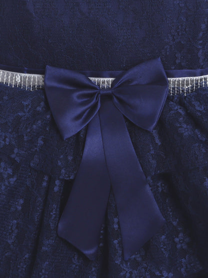 Sleeveless Bow Applique Mesh Detailed Sequin Embellished Dress - Navy Blue