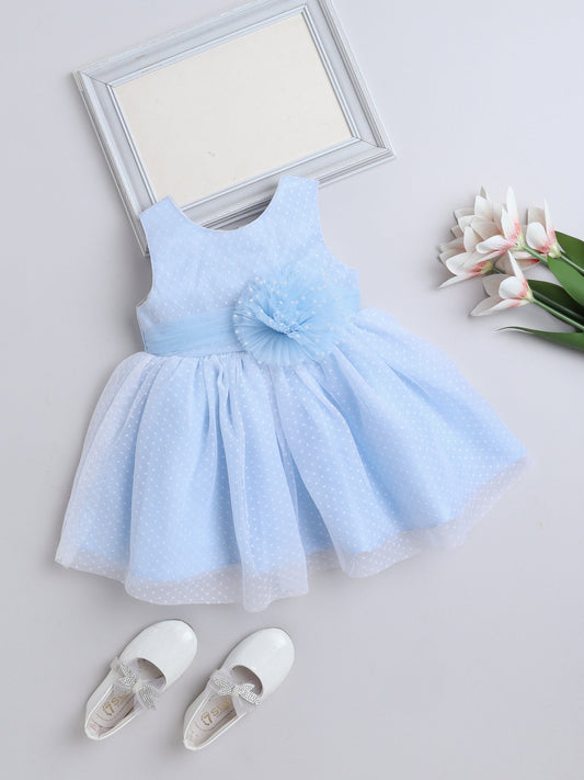 Sleeveless Swiss Dots Embroidered Floral Applique Beads Embellished Dress - Blue
