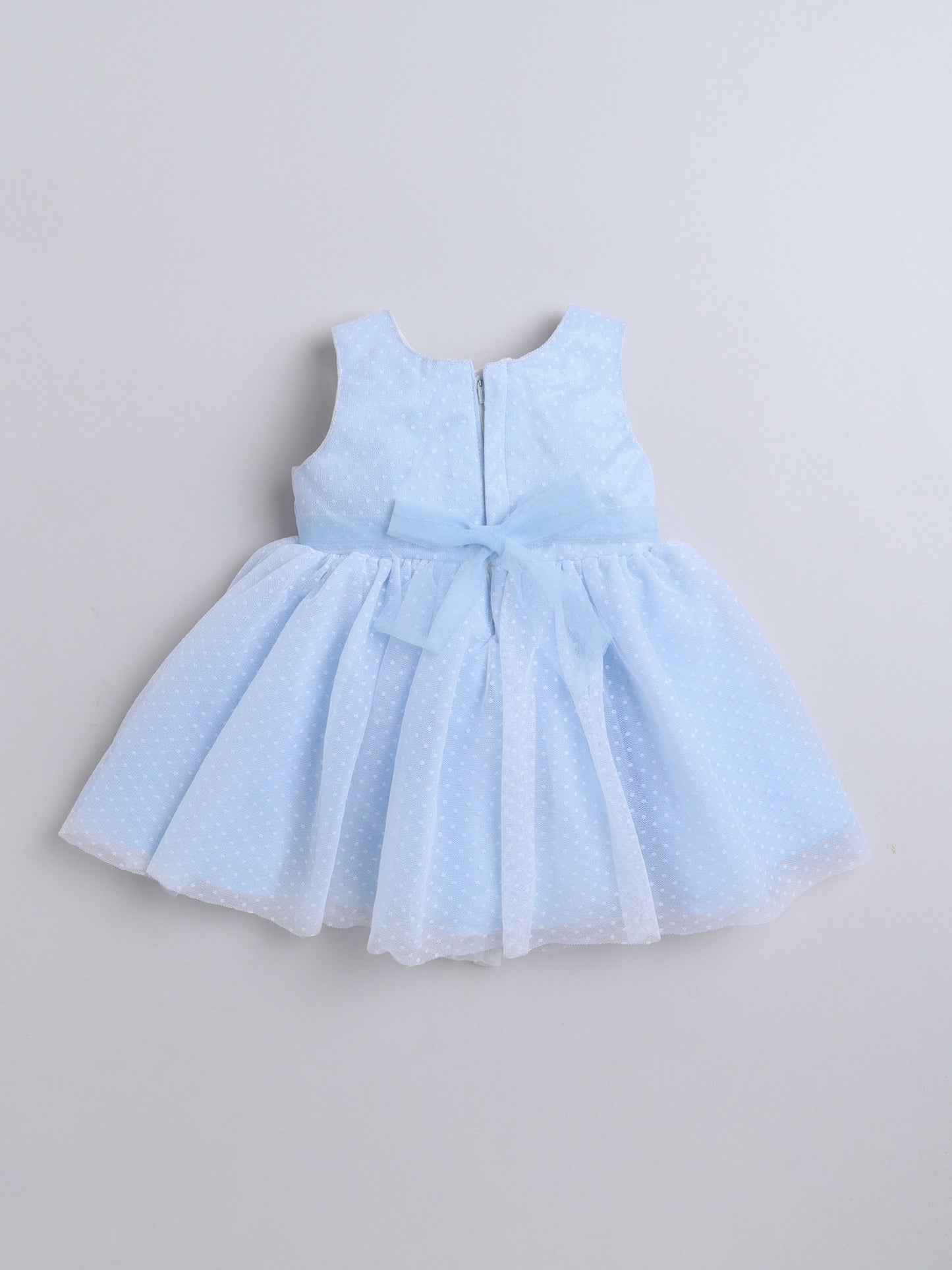 Sleeveless Swiss Dots Embroidered Floral Applique Beads Embellished Dress - Blue