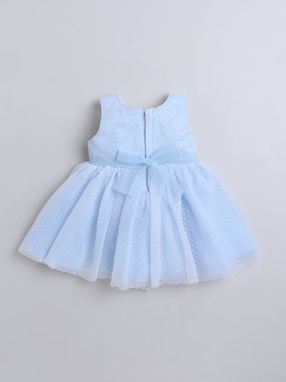 Sleeveless Swiss Dots Embroidered Floral Applique Beads Embellished Dress - Blue