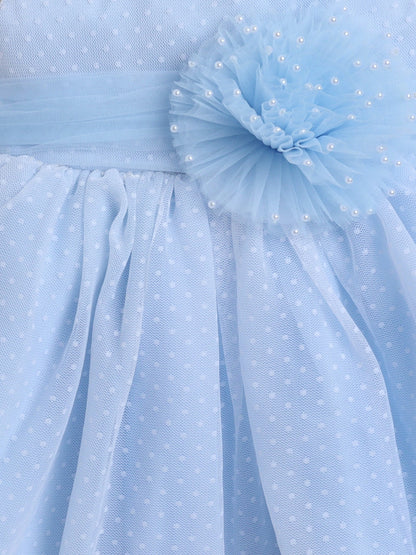 Sleeveless Swiss Dots Embroidered Floral Applique Beads Embellished Dress - Blue