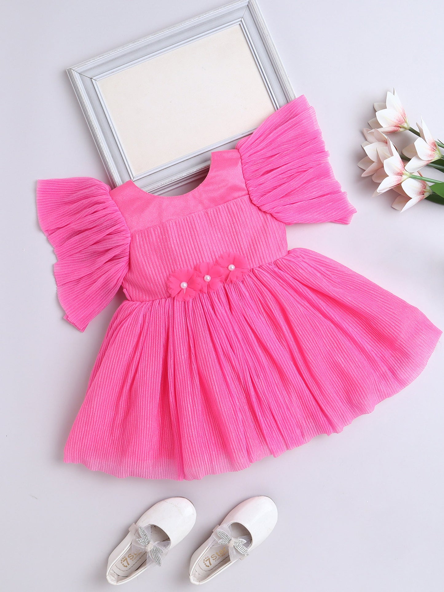 Frill Sleeves Solid Flower Detailed Party Dress - Pink