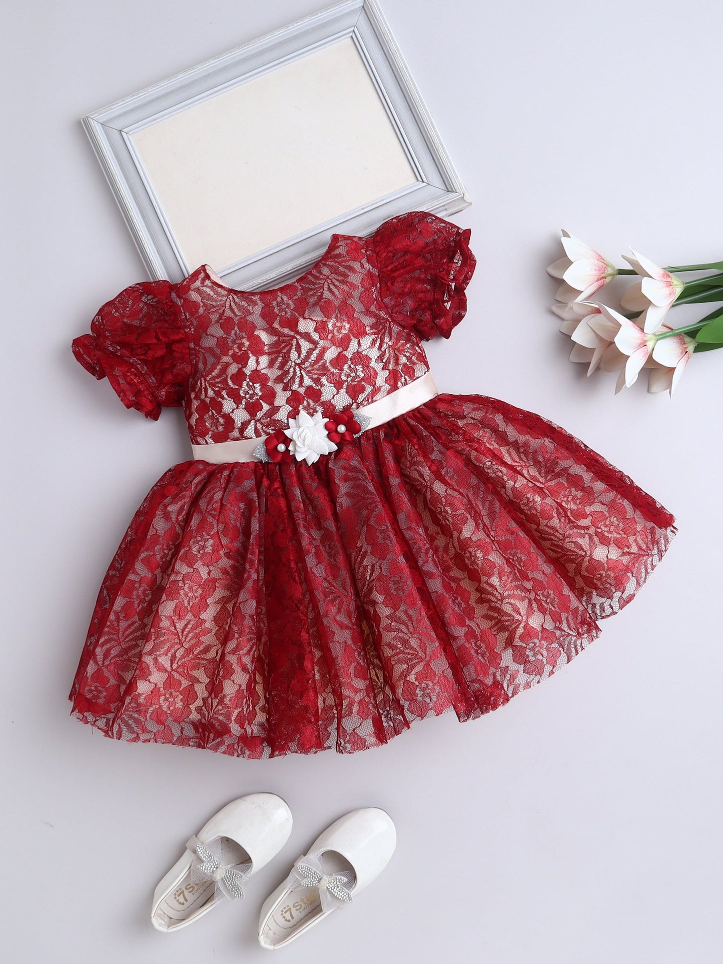 Puff Sleeves Net Dress- Maroon
