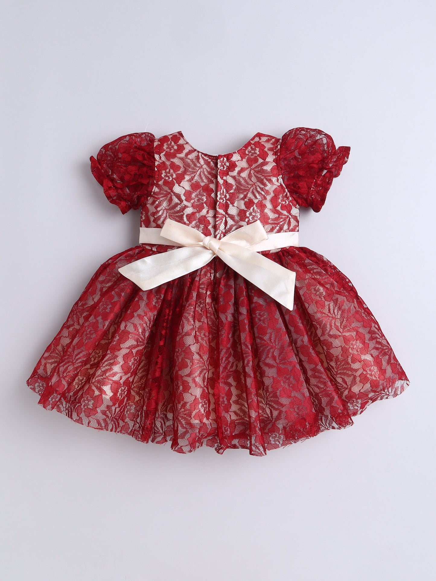Puff Sleeves Net Dress- Maroon