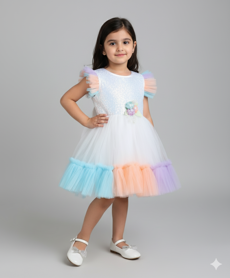 Frill Sleeves Corsage Detailed Flared Dress- Multi Colour