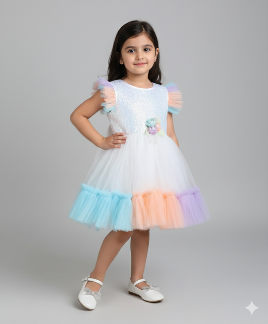 Frill Sleeves Corsage Detailed Flared Dress- Multi Colour