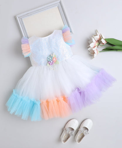 The Magic Wand Woven Frill Sleeves Corsage Detailed Flared Dress- Multi Colour