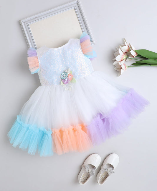 The Magic Wand Woven Frill Sleeves Corsage Detailed Flared Dress- Multi Colour