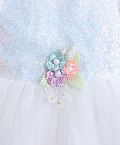The Magic Wand Woven Frill Sleeves Corsage Detailed Flared Dress- Multi Colour