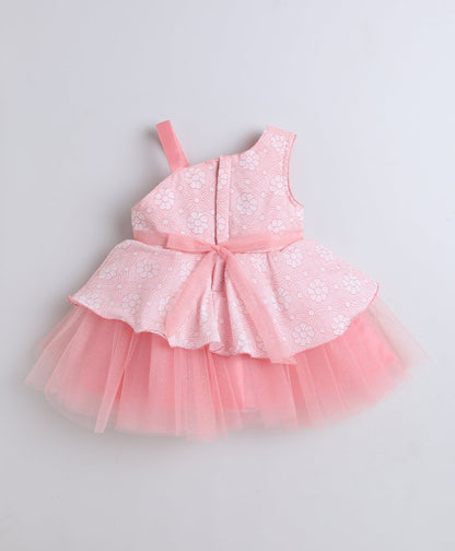 Woven One Shoulder Corsage Detailed Layered Dress- Peach