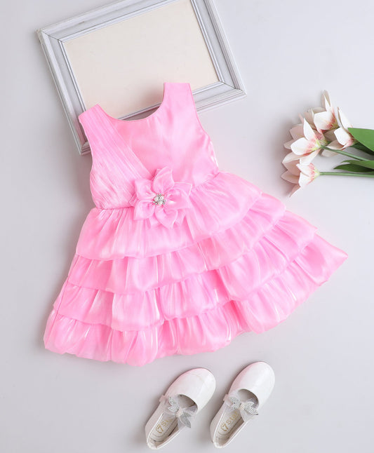 Woven Sleeveless Corsage Detailed Layered Dress- Pink