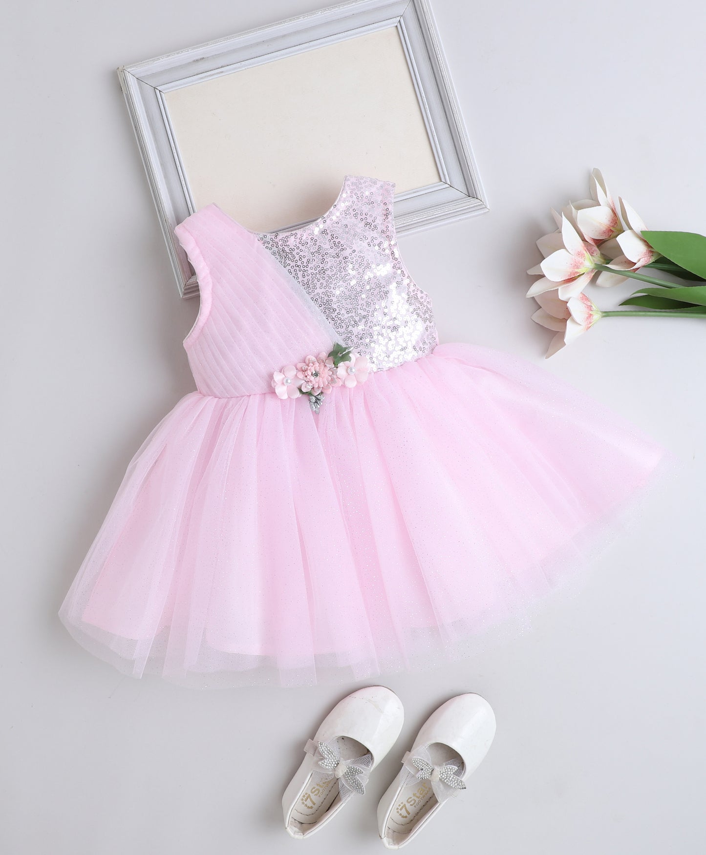 Woven Sleeveless Corsage Detailed Layered Dress- Pink