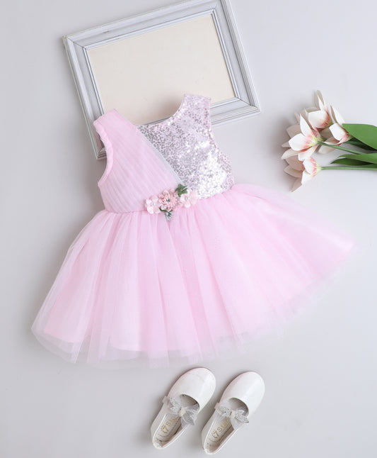 Woven Sleeveless Corsage Detailed Layered Dress- Pink