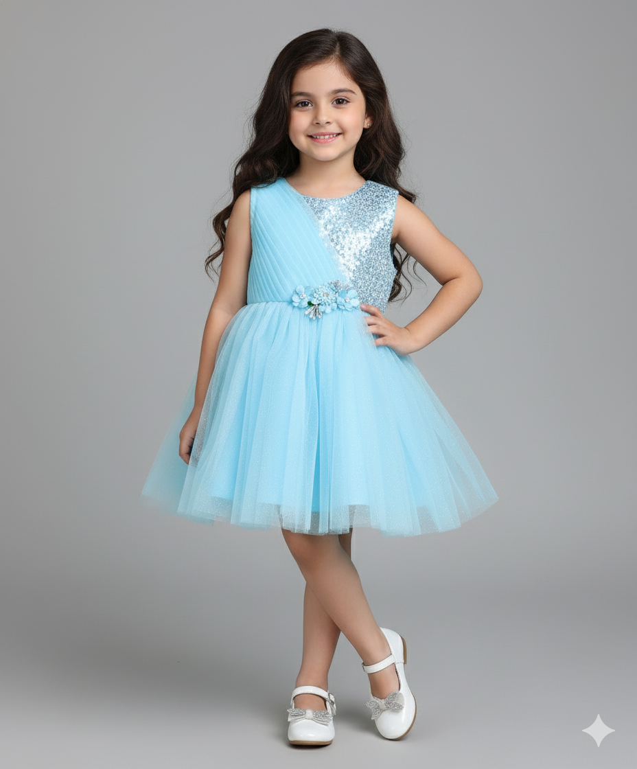 Sleeveless Corsage Detailed Gliter Flared Dress - Blue