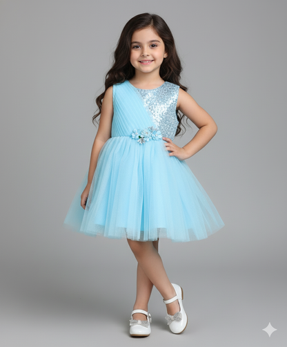 Sleeveless Corsage Detailed Gliter Flared Dress - Blue