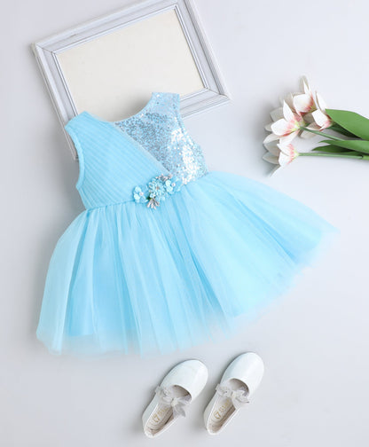 The Magic Wand Woven Sleeveless Corsage Detailed Gliter Flared Dress - Blue