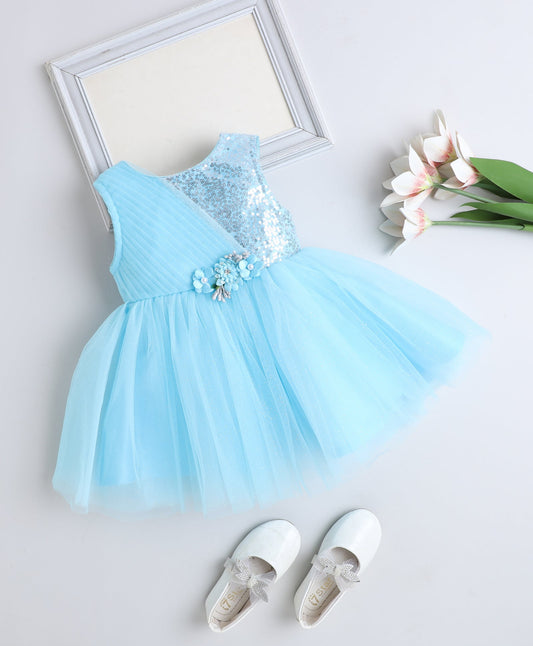 The Magic Wand Woven Sleeveless Corsage Detailed Gliter Flared Dress - Blue