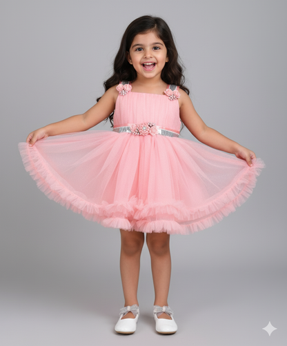 Ruffle Strappy Flower Corsage Flared Dress - Peach