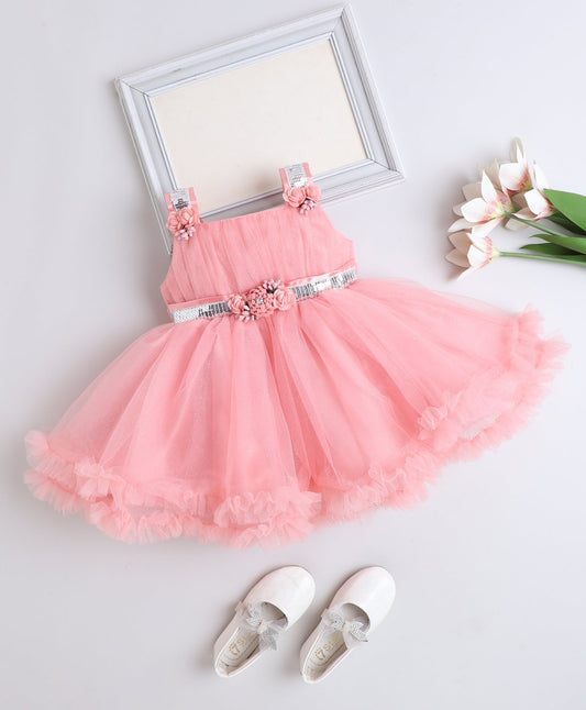 The Magic Wand Woven Ruffle Strappy Flower Corsage Flared Dress - Peach