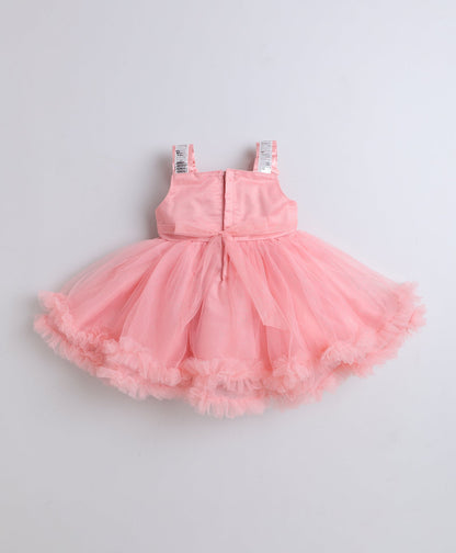 The Magic Wand Woven Ruffle Strappy Flower Corsage Flared Dress - Peach