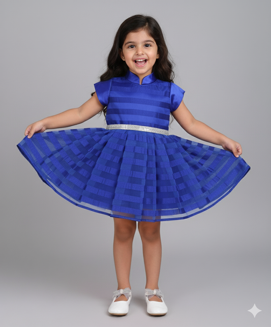 Cap Slevees Stripes Tie Collar Diamond Belt Flared Dress - Royal Blue