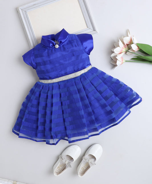 The Magic Wand Woven Cap Slevees Stripes Tie Collar Diamond Belt Flared Dress - Royal Blue