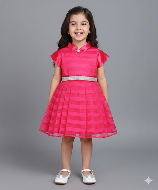 Cap Slevees Stripes Tie Collar Diamond Belt Flared Dress - Fuchsia