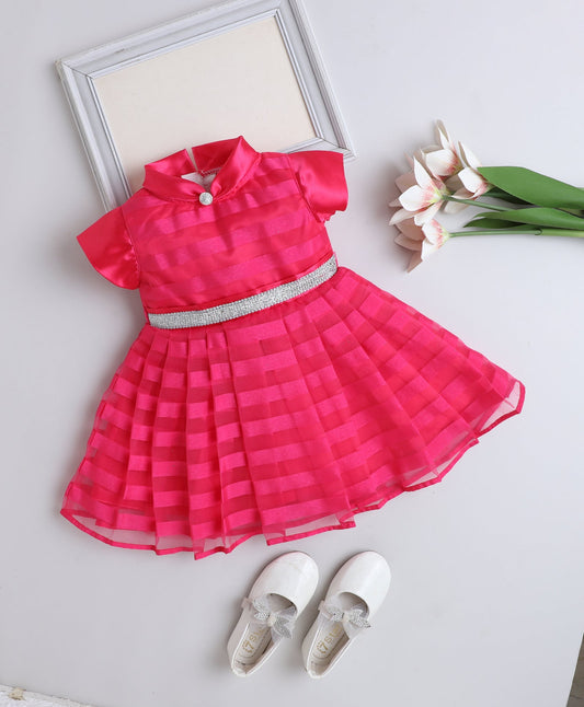 The Magic Wand Woven Cap Slevees Stripes Tie Collar Diamond Belt Flared Dress - Fuchsia