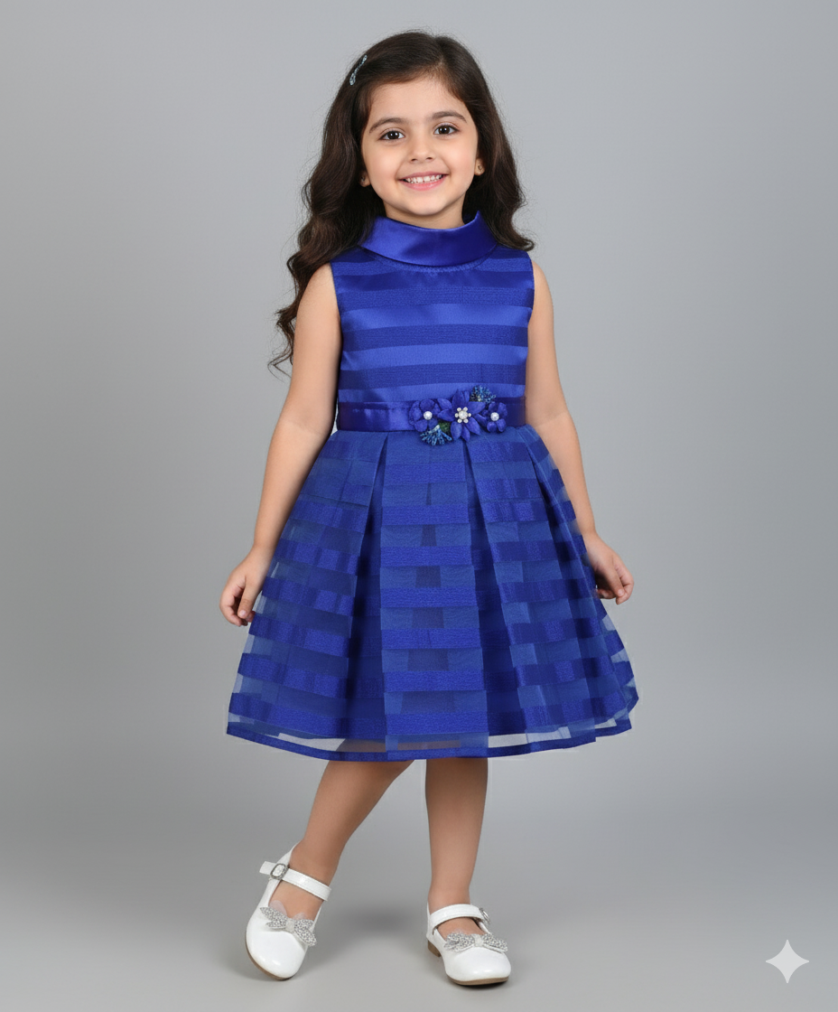Stripes Box Pleated Flared Dress - Royal Blue