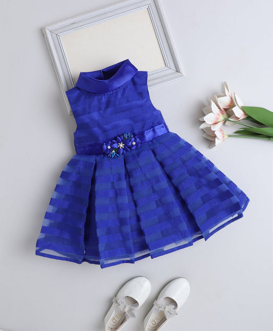 The Magic Wand Woven Sleveeless Stripes Box Pleated Flared Dress - Royal Blue