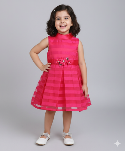 Stripes Box Pleated Flared Dress - Fuchsia