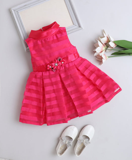 The Magic Wand Woven Sleveeless Stripes Box Pleated Flared Dress - Fuchsia