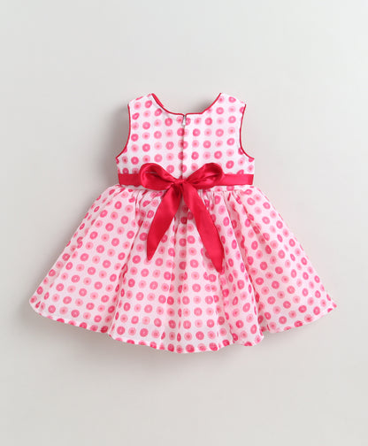 The Magic Wand Woven Sleeveless Polka Dots Printed Flared Dress With Floral Applique - Pink