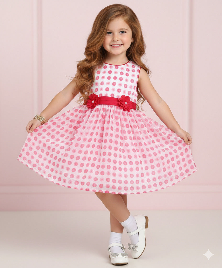 The Magic Wand Woven Sleeveless Polka Dots Printed Flared Dress With Floral Applique - Pink