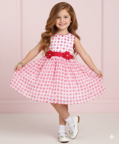 The Magic Wand Woven Sleeveless Polka Dots Printed Flared Dress With Floral Applique - Pink