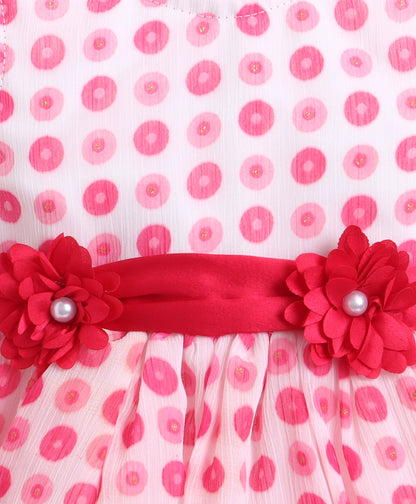 The Magic Wand Woven Sleeveless Polka Dots Printed Flared Dress With Floral Applique - Pink
