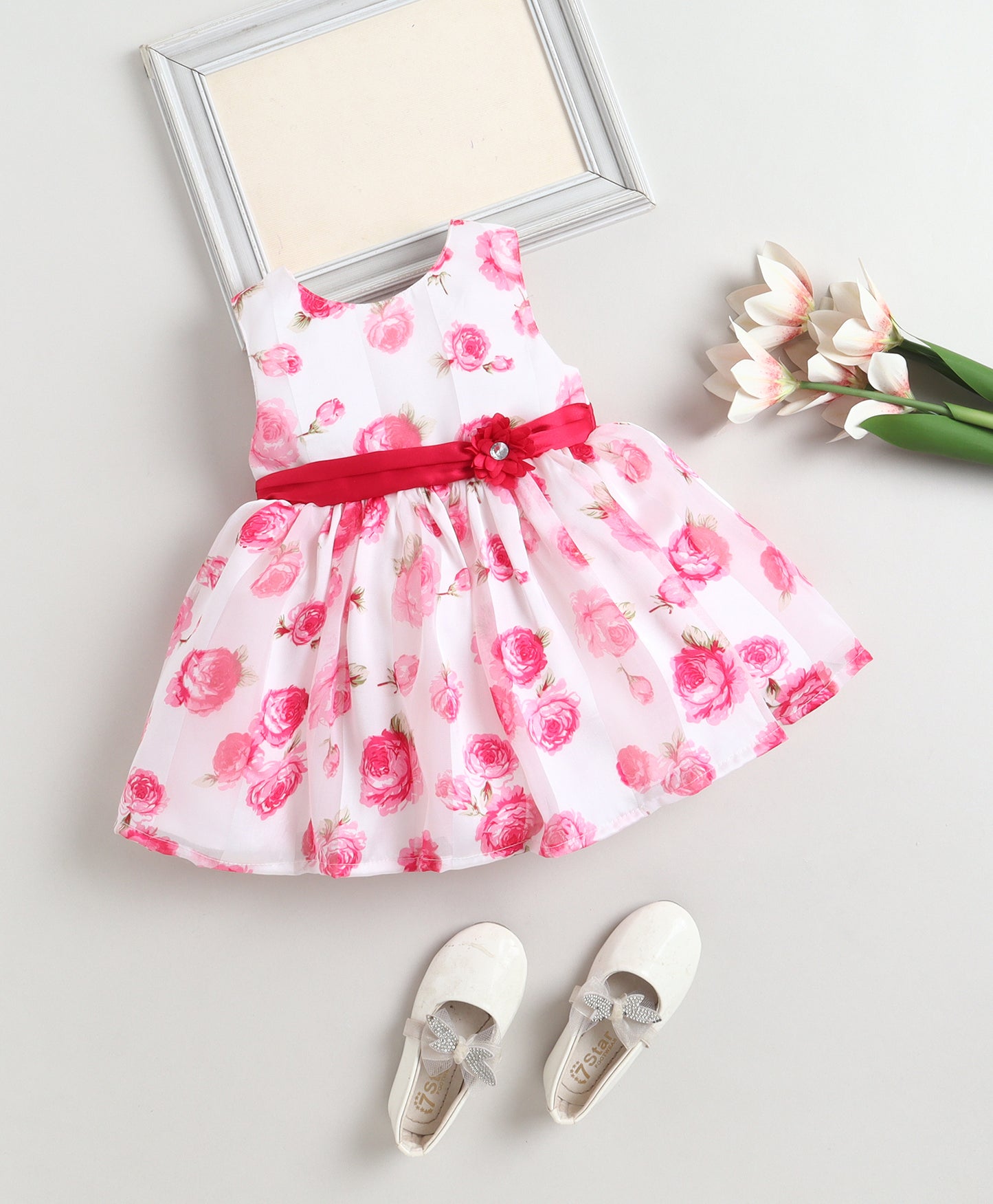 The Magic Wand Woven Sleeveless Floral Printed Dress With Floral Applique - White