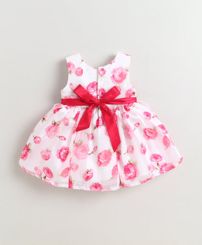 The Magic Wand Woven Sleeveless Floral Printed Dress With Floral Applique - White